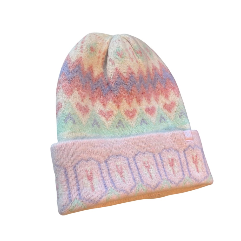 Layer 8 Beanie Women OS Pink Pastel Fair Isle Heart Knit Winter Hat